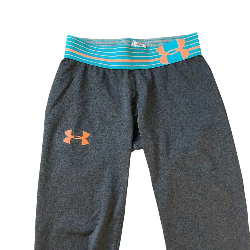 Girls Under Armour Gray Capri Athletic Leggings Turquoise Neon Orange Trim Waist